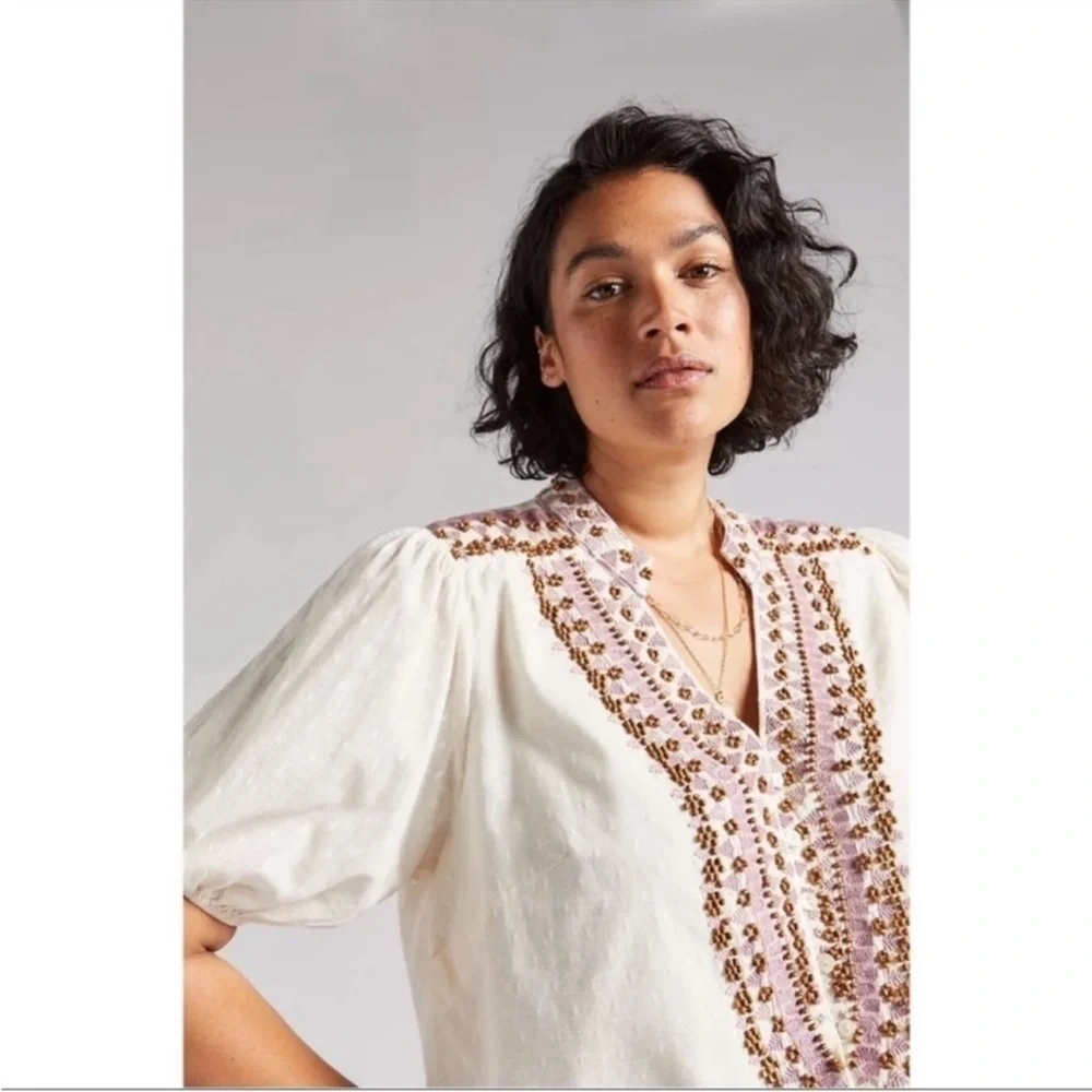 Anthropologie Ivory Embroidered Beaded Peasant Blouse Petite 10 Boho Puff Sleeve